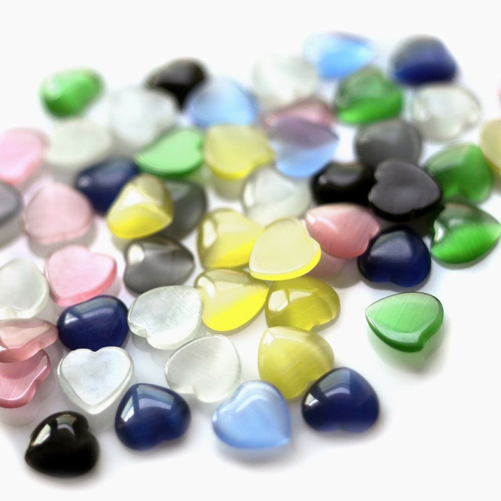 кабошон "кошачий глаз"  сердечко, стекло, цветовой микс, 10x10x2.5 мм