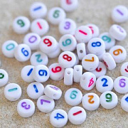 Бусина, акрил "Цифры", плоская, цвет белый/цветной микс, 7x3.5 мм