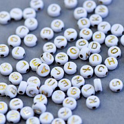 Бусина, акрил "Алфавит английский", цвет белый/золото, 7x7x4 мм