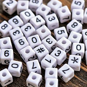 Бусина, акрил "Цифры", куб, цвет белый, 10x9.5x9.5 мм