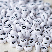 Бусина, акрил "Цифры", плоская, 7х4 мм