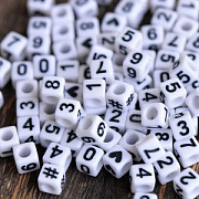 Бусина, акрил "Цифры", куб, цвет белый, 6x6x6 мм